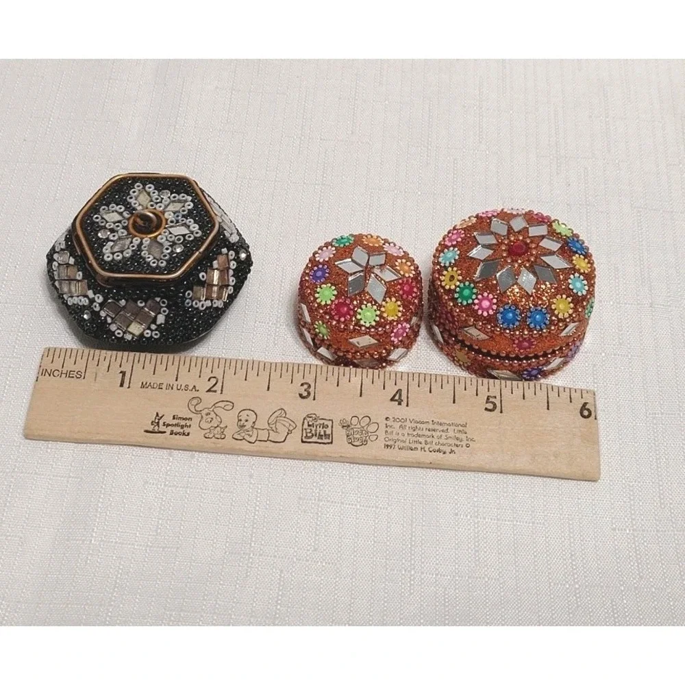 Hand Made Mosaic Beaded Bejeweled Tin And Wood Jewelry Trinket Boxes Lot Of 3